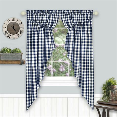 Country Farmhouse Plaid Gingham Check Oversized Swag Valance Curtain Panel Pair - Navy Blue ...