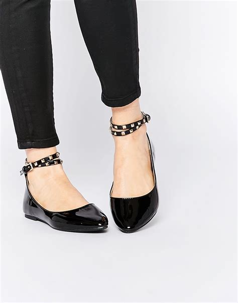 Daisy Street Black Studded Ankle Strap Ballet Flat Shoes at asos.com