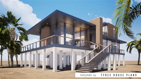 Niagara. Modern house plan with wrap-around porch by Tyree House Plans. | Beach house plans ...