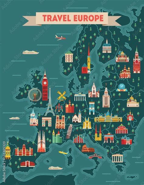 Europe travel map poster. Travel and tourism background. Vector illustration Stock Vector ...
