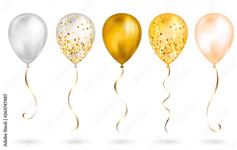 Set of 5 shiny gold realistic 3D helium balloons for your design. Glossy balloons with glitter ...