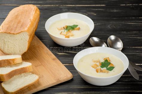 Cheese Soup with White Bread Stock Photo - Image of spoon, cheese: 86113012