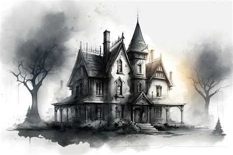 Premium AI Image | Sketch of gothic house surrounded by fog with eerie atmosphere