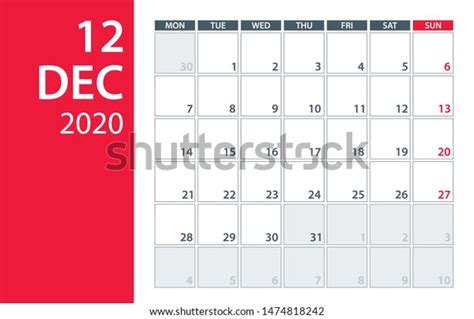 December 2020 Calendar Planner Vector Illustration Stock Vector (Royalty Free) 1474818242 ...