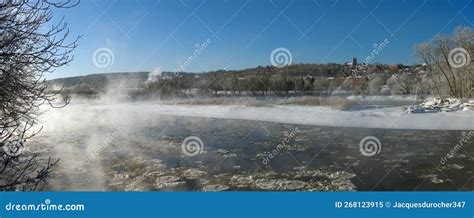 Sherbrooke Quebec Canada, Winter Landscape Cold Temperature Frozen River Mist and Fog Ice Water ...