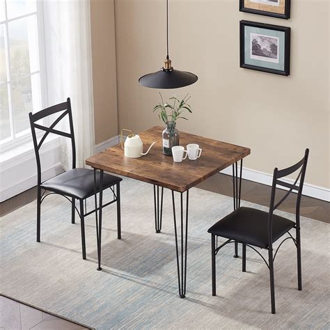 VECELO 3-Piece Wood&Metal Dining Table Set Dining Room Table with 4 ...