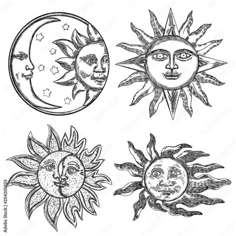 Set of hand drawn art sun and crescent moon with human face. Flash tattoo design. Antique style ...