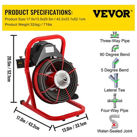 VEVOR 50 Ft x 1/2 Inch Drain Cleaner Machine Best fit 1”(25mm) to 4 ...