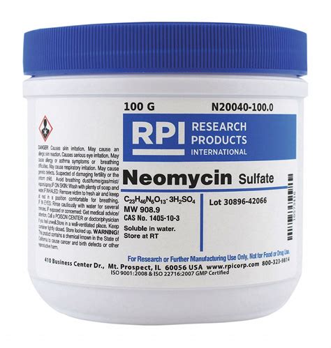 RPI Neomycin Sulfate, 100 g Powder - 30TZ63|N20040-100.0 - Grainger