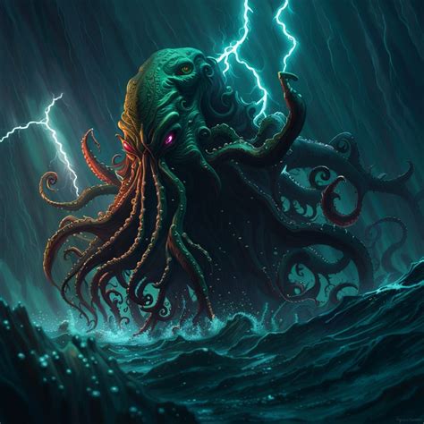 Cthulhu, underwater, lightningstorm, horror - AI Generated Artwork - NightCafe Creator