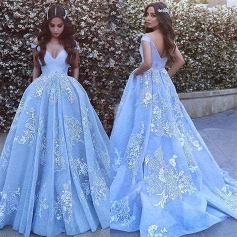 Women's Fashion Baby Blue Lace Embroidery Wedding Dress Prom Dress ...