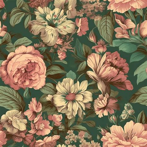 Premium Photo | A floral pattern with a green background and a pink and orange flower.