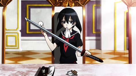 an anime character holding two swords in front of a table with other items on it