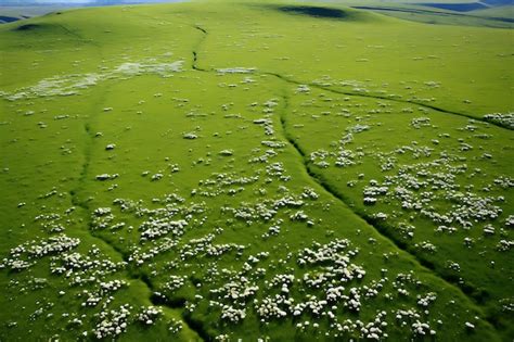 Premium AI Image | Photo of Aerial view of a grassy field with scattered