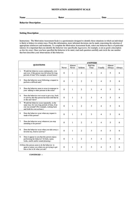 Motivation Assessment Scale Form printable pdf download