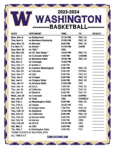 Printable 2023-2024 Washington Huskies Basketball Schedule