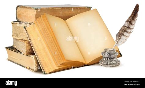 Isolated books with empty pages. Open blank book, stack of vintage books and ink bottle with ...