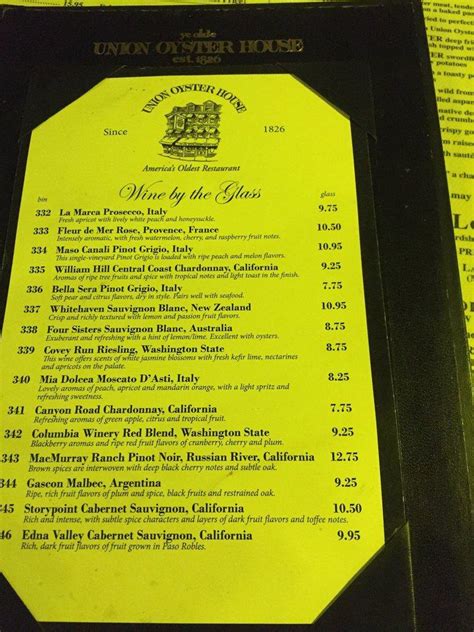 Menu at Union Oyster House restaurant, Boston