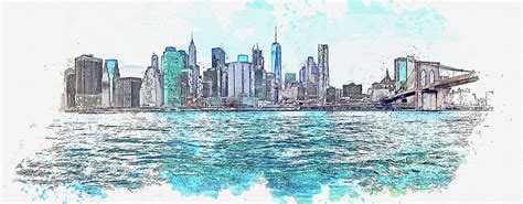 Manhattan skyline from Brooklyn, watercolor travel poster, by Ahmet ...