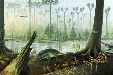 Carboniferous landscape. Artwork of animals and plants in a Carboniferous landscape. A scorpion ...