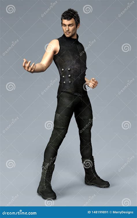 Handsome Urban Warrior Male Wearing Black Gothic Style Clothing in an Urban Fantasy Style Pose ...