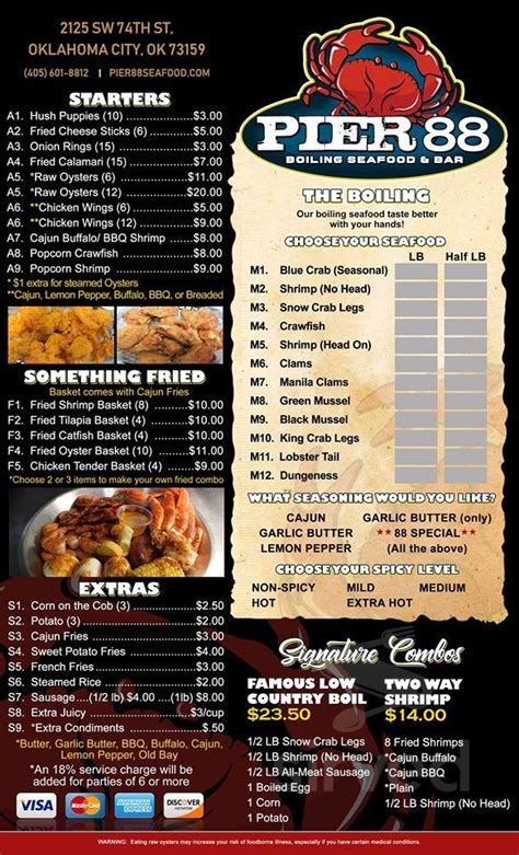 Pier 88 Boiling Seafood & Bar OKC menu in Oklahoma City, Oklahoma, USA