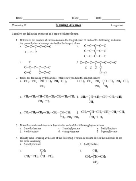 Worksheet - Naming Alkanes