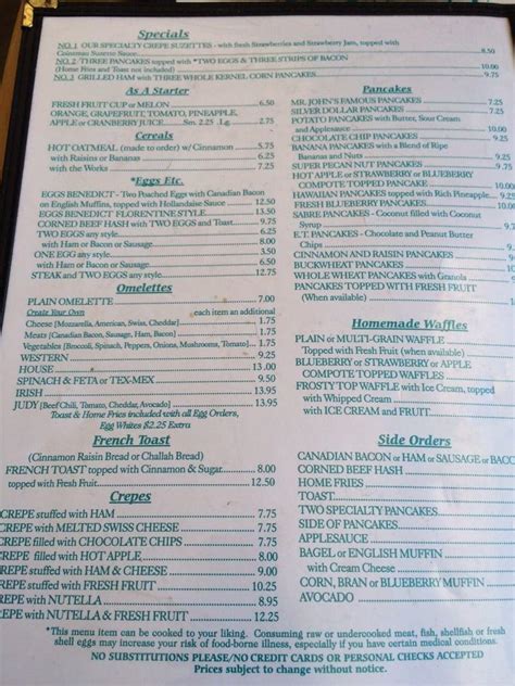 Menu at John's Pancake House restaurant, Montauk