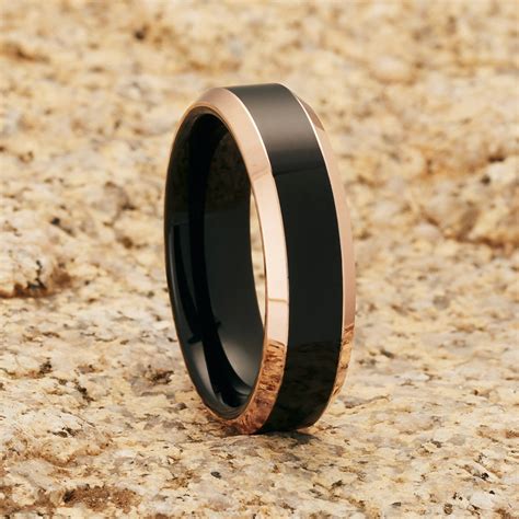 Rose Gold Tungsten Ring, Black Tungsten Ring, Shiny Black Tungsten Ring, Anniversary Ring, Black ...