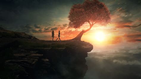 Wallpaper : digital art, fantasy art, trees, Sun, couple, clouds, cliff, rock 1920x1080 - Obseek ...