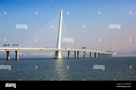 Shenzhen Bay Bridge under the blue sky, cable-stayed bridge from ...