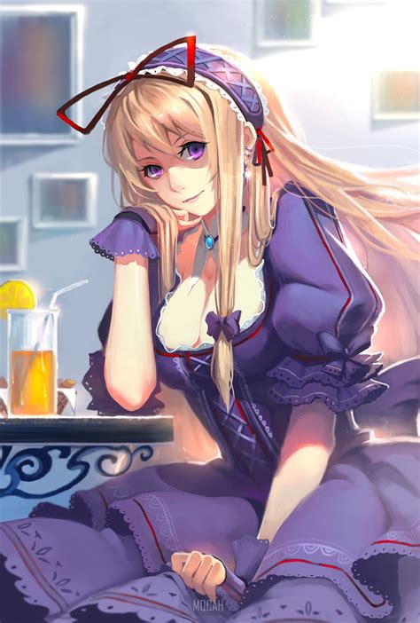 anime girl, anime, blonde, dress, purple dresses, purple eyes, necklace ...