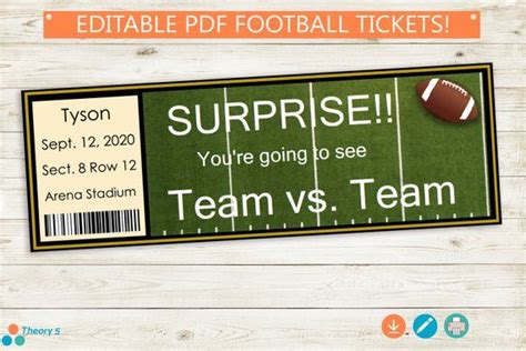 Printable and Editable Football Tickets // Adobe PDF, Surprise Game ...