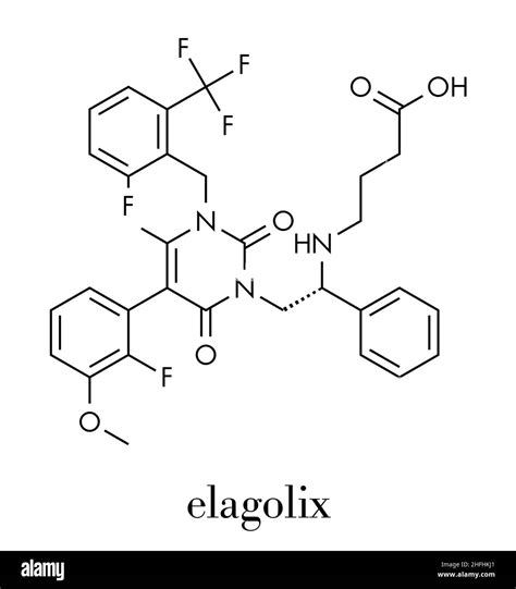 Elagolix drug molecule (gonadotropin-releasing hormone receptor antagonist). Skeletal formula ...