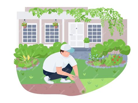 Premium Vector | Courtyard greening, lawn care 2D web banner, poster. Man with roll, gardener ...