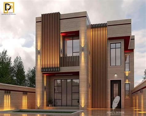 this is a 3d rendering of a modern house with lights on the front and side