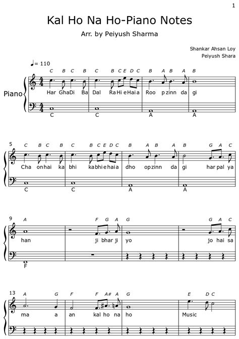 Kal Ho Na Ho-Piano Notes - Sheet music for Piano