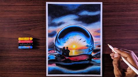 Oil Pastels Drawing Sunset/ Romantic Couple on Sea Beach/ Water Drops ...