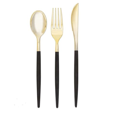 TigerChef Black and Gold Two Tone Plastic Cutlery Set - 32 pcs | TigerChef