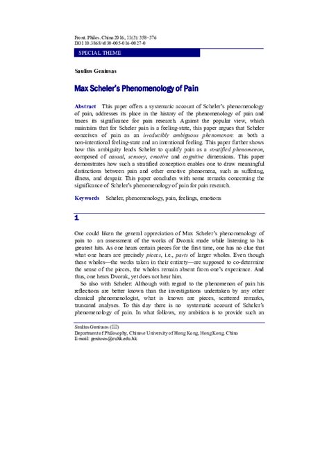 (PDF) Max Scheler’s Phenomenology of Pain | Saulius Geniusas - Academia.edu