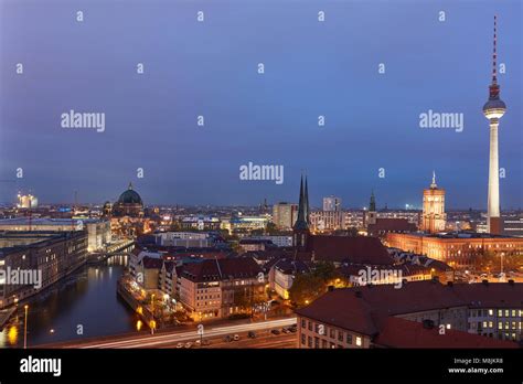 Berlin City at night with TV tower and Berlin Cathedral and Nikolaikirche and the Red Town Hall ...