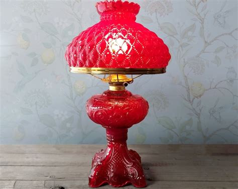 Ruby Red Glass Hurricane Lamp Amberina Diamond Quilted Shade Floral Electric GWTW Parlor Light ...