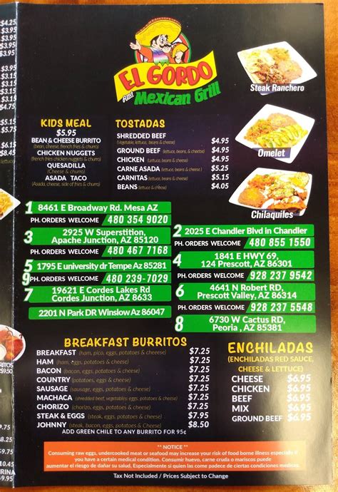 Menu at El Gordo Mexican Grill restaurant, Prescott