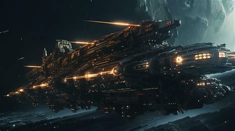 Cinematic Still, intense space battle between two massive battleships, starry sky, nebulae ...