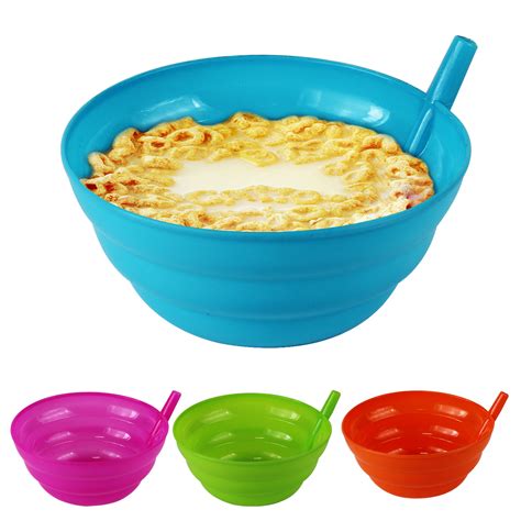 Set 4 Cereal Bowls Kids Dessert Built in Sip Straw Plastic Sippy Soup Ice Cream | eBay