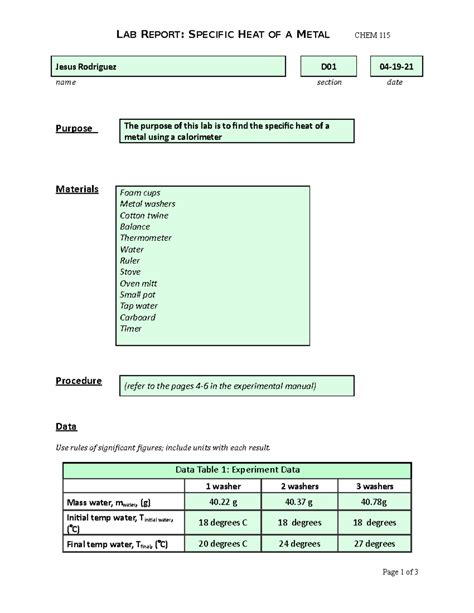Lab Report Specific Heat of a Metal Jesus Rodriguez - LAB REPORT ...