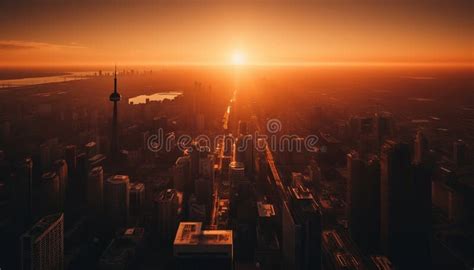 Silhouette of Modern City Skyline Glows in Blue Sunset Light Generated ...