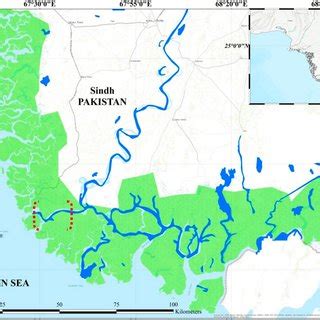 Red dotted area is mouth of the Indus River Estuary where fish and ...