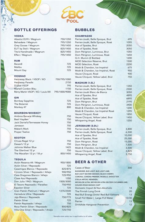 Encore Beach Club Bottle Menu 2021 - Promoter Now