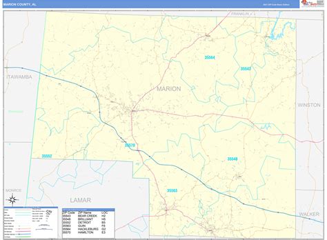 Marion County, AL Zip Code Wall Map Basic Style by MarketMAPS